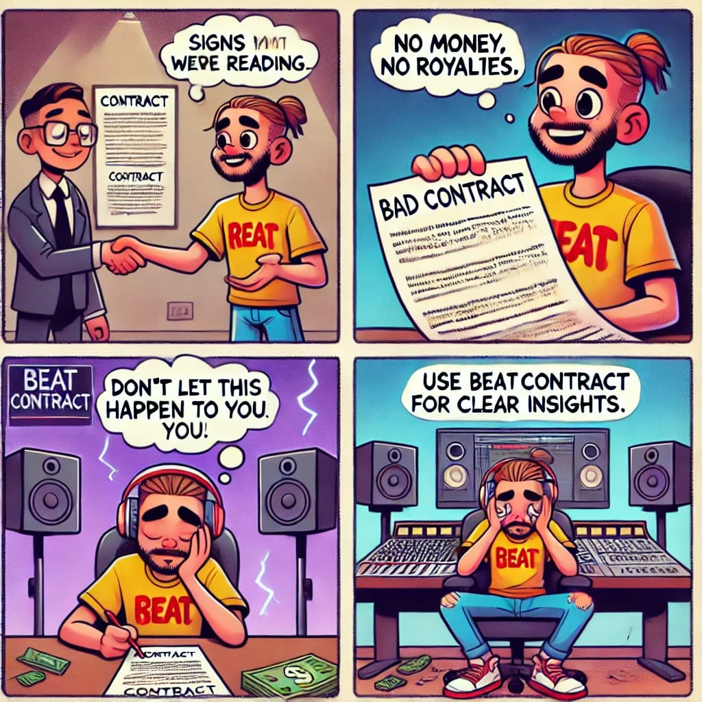 Comic panel showing contract analysis